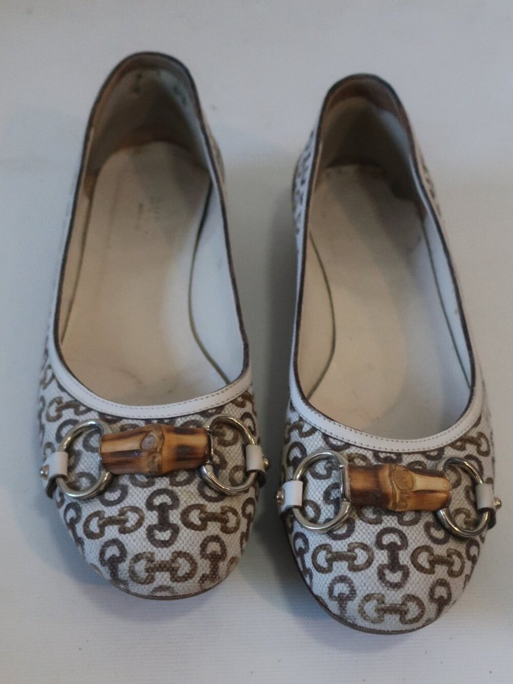 Women Gucci Beige, Brown Horsebit GG Canvas Ballet Flats W/Bamboo Hardware 8